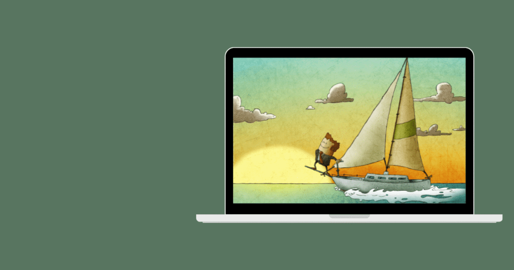 Illustration of a laptop displaying a cartoon of a man sailing a small boat on water with a large sail and sun in the background
