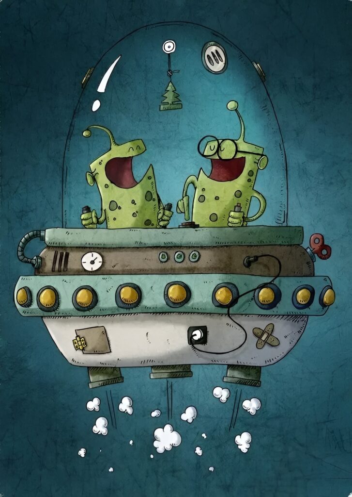 Cartoon illustration of two green aliens inside a domed flying saucer with a control panel, smiling and waving as the saucer hovers and emits steam clouds
