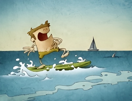 Cartoon illustration of a happy person surfing on a green board with arms raised, with a sailboat on the horizon