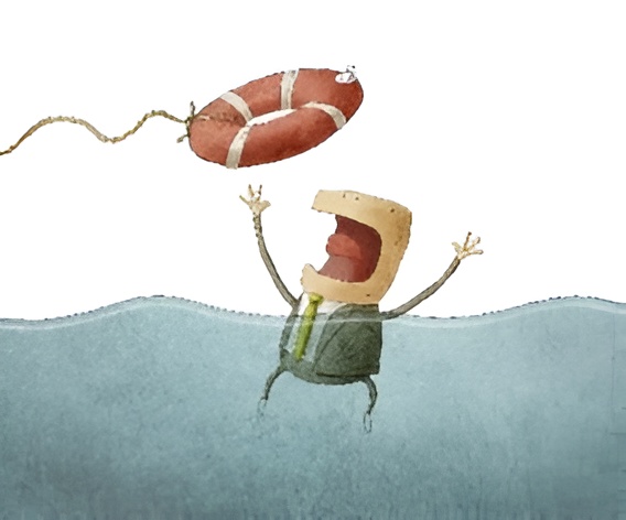 Cartoon illustration of a person with a rectangular head wearing a green jacket and tie, standing in water and reaching toward a red and white lifebuoy above