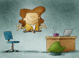 Cartoon illustration of a star-shaped character smiling and holding two hearts above an office desk with a chair and potted plant