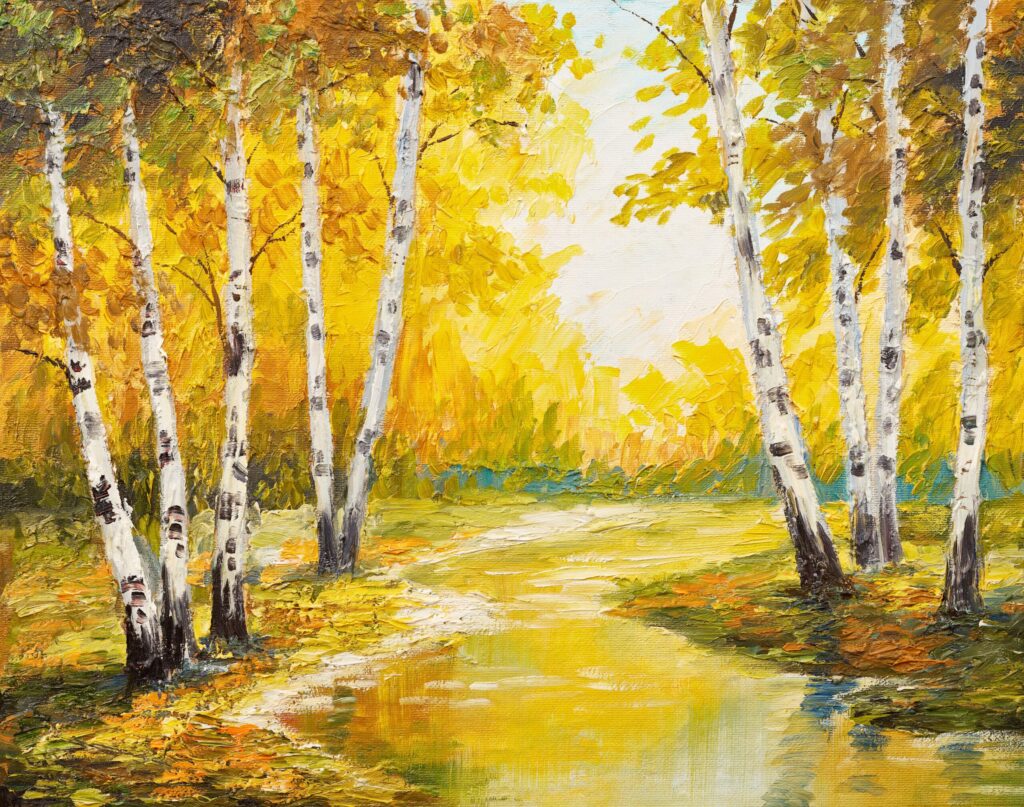Painting of birch trees with yellow autumn leaves along a path beside a reflective stream