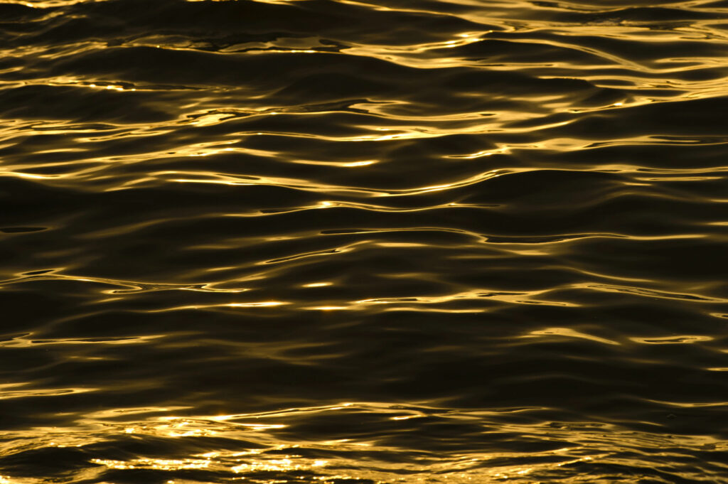 Golden ripples on dark water reflecting sunlight, creating an abstract pattern
