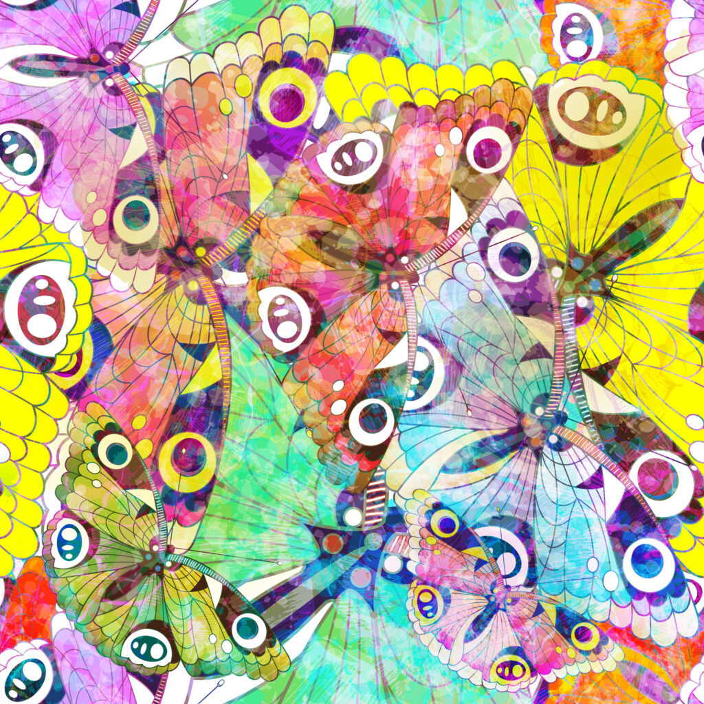 Colorful abstract artwork featuring swirling shapes and patterns in bright yellow, pink, purple and blue