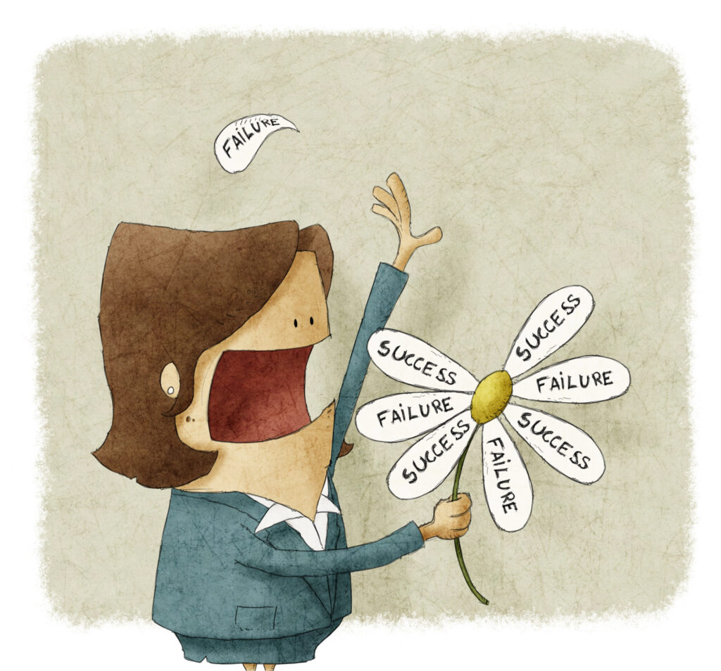 Cartoon illustration of a businesswoman holding a daisy with petals labeled "Success" and "Failure", shouting with one petal falling